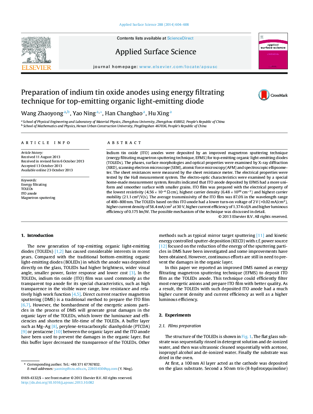 Preparation of indium tin oxide anodes using energy filtrating technique for top-emitting organic light-emitting diode