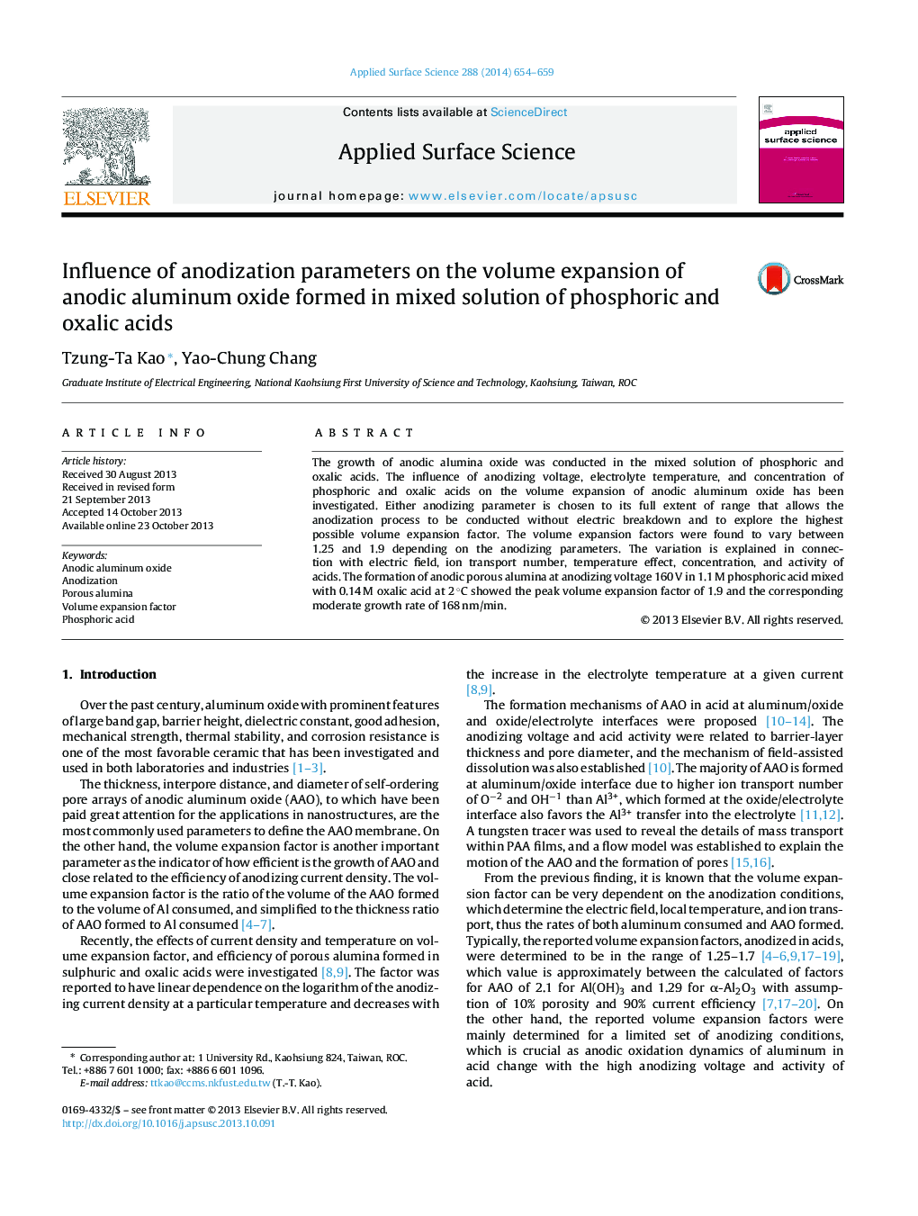 Influence of anodization parameters on the volume expansion of anodic aluminum oxide formed in mixed solution of phosphoric and oxalic acids