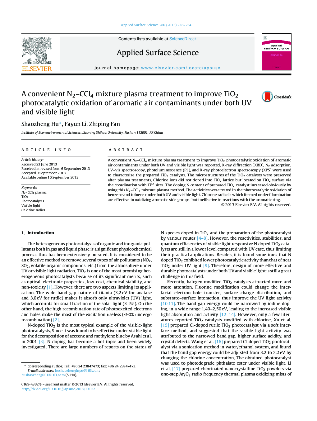 A convenient N2-CCl4 mixture plasma treatment to improve TiO2 photocatalytic oxidation of aromatic air contaminants under both UV and visible light