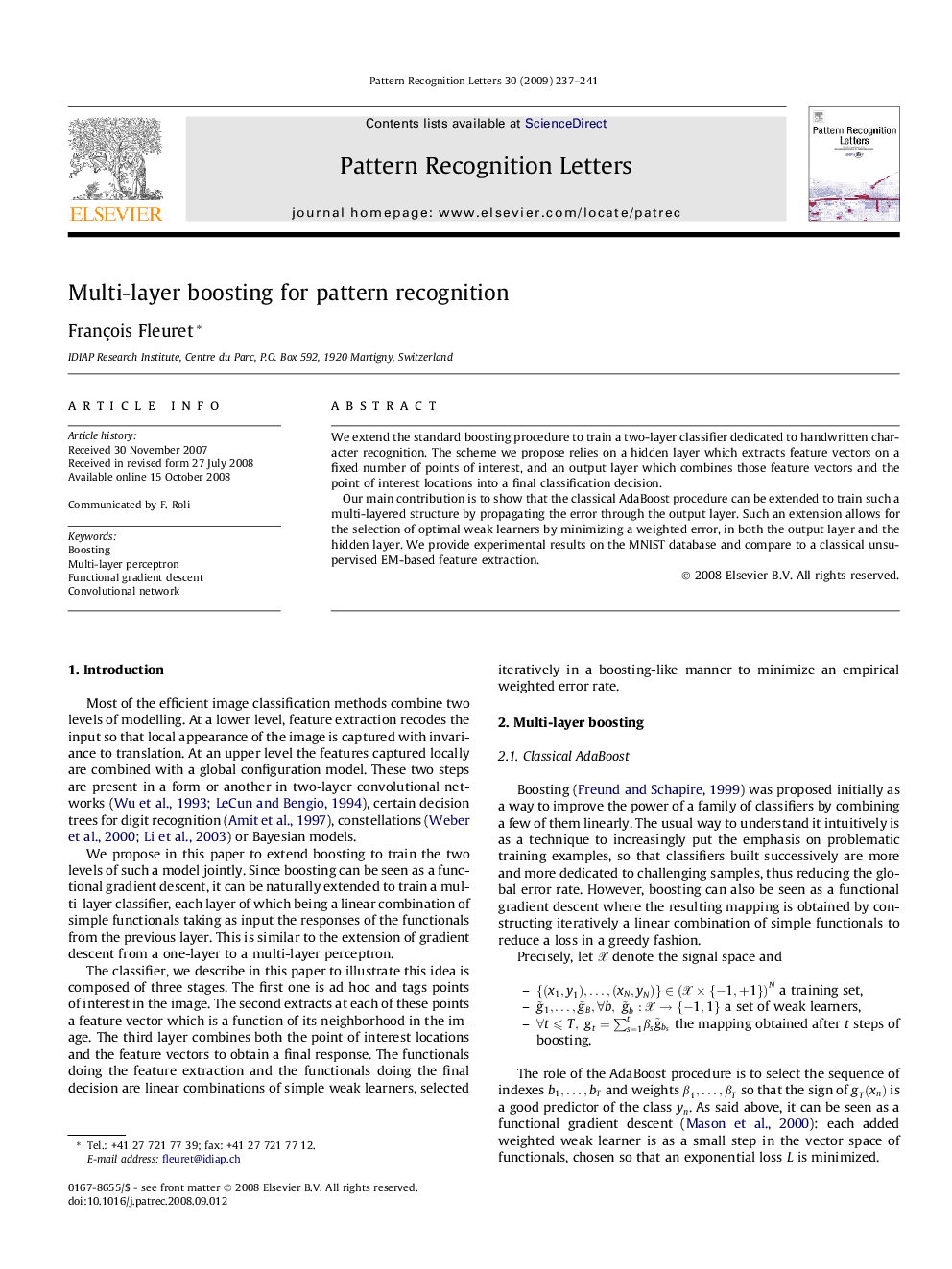 Multi-layer boosting for pattern recognition