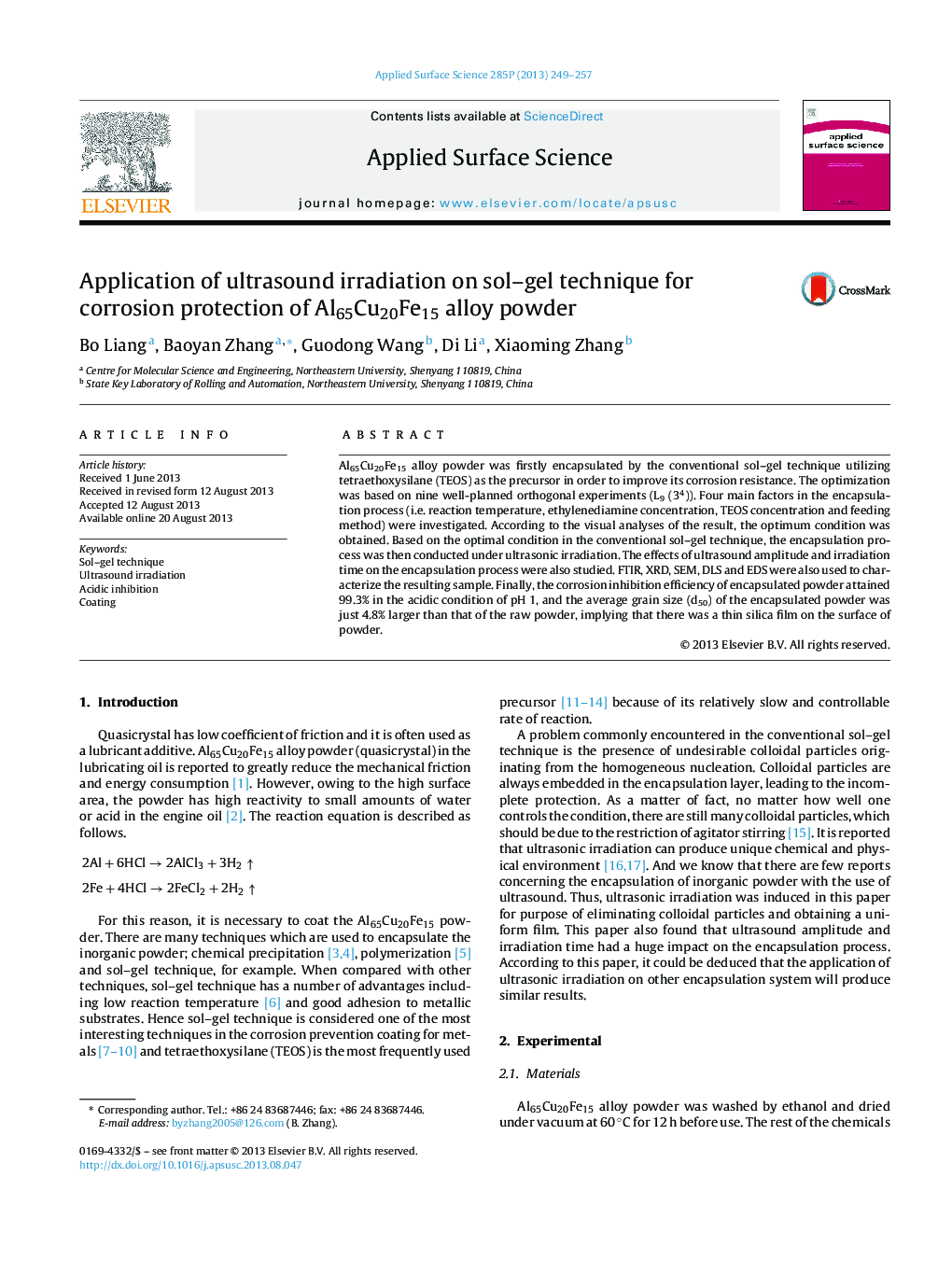 Application of ultrasound irradiation on sol-gel technique for corrosion protection of Al65Cu20Fe15 alloy powder