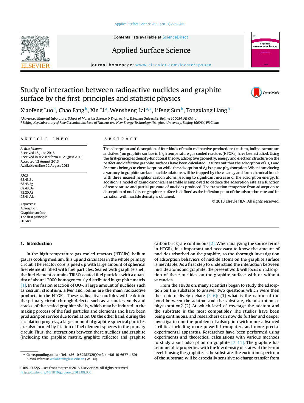 Study of interaction between radioactive nuclides and graphite surface by the first-principles and statistic physics