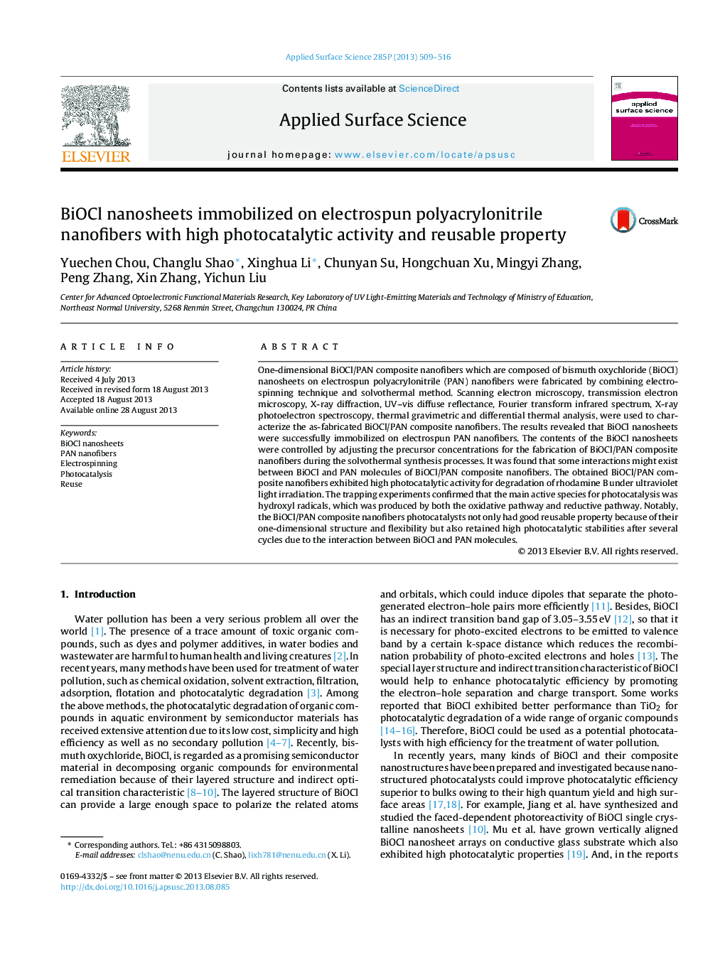 عکس صفحه اول مقاله: BiOCl nanosheets immobilized on electrospun polyacrylonitrile nanofibers with high photocatalytic activity and reusable property BiOCl nanosheets immobilized on electrospun polyacrylonitrile nanofibers with high photocatalytic activity and reusable property