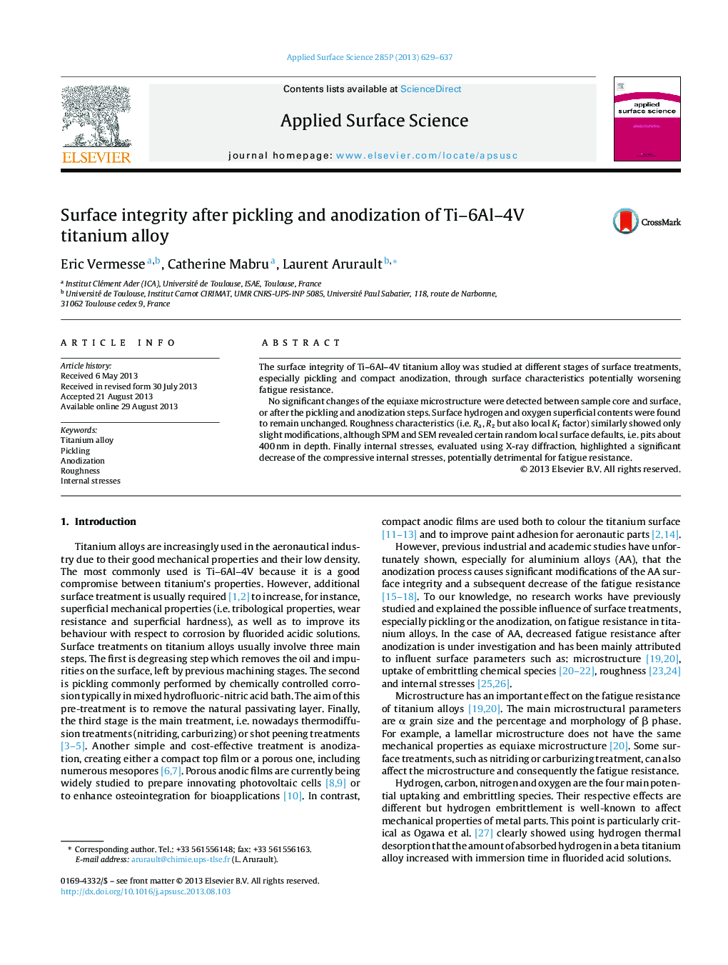 Surface integrity after pickling and anodization of Ti-6Al-4V titanium alloy