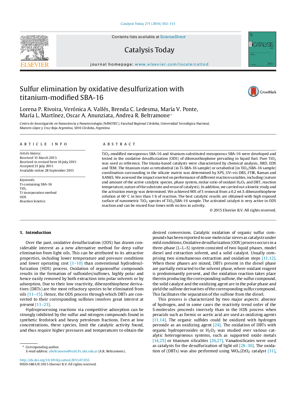 Sulfur elimination by oxidative desulfurization with titanium-modified SBA-16
