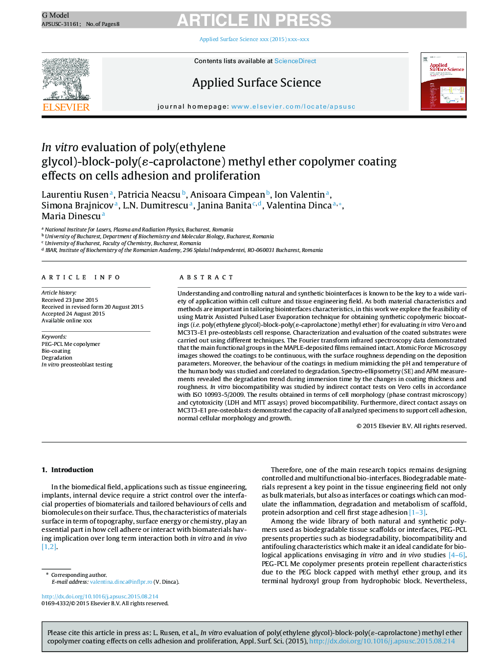 In vitro evaluation of poly(ethylene glycol)-block-poly(É-caprolactone) methyl ether copolymer coating effects on cells adhesion and proliferation