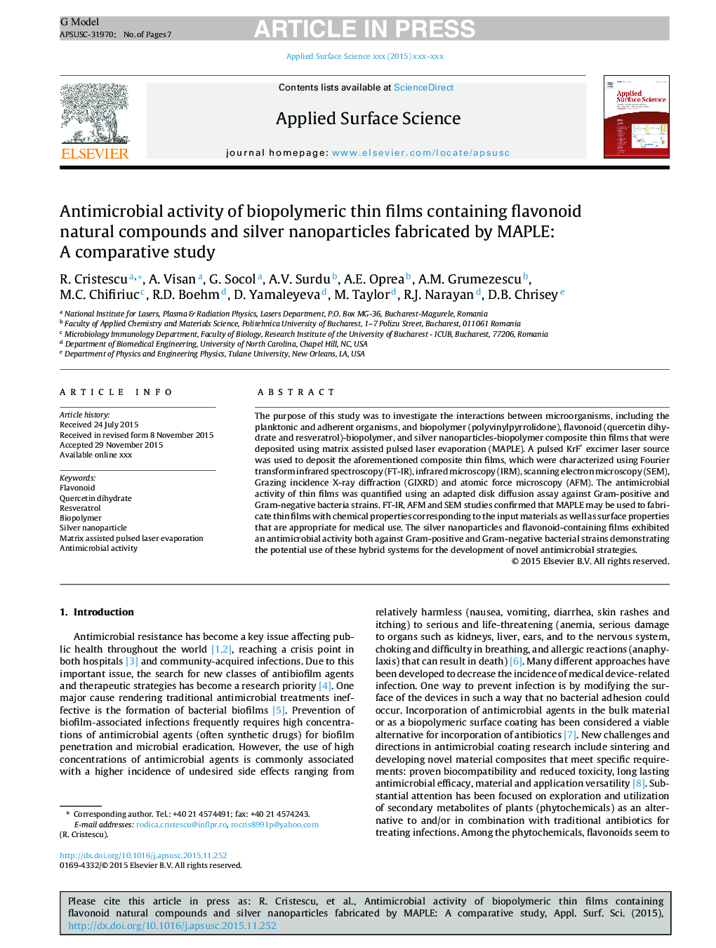 Antimicrobial activity of biopolymeric thin films containing flavonoid natural compounds and silver nanoparticles fabricated by MAPLE: A comparative study