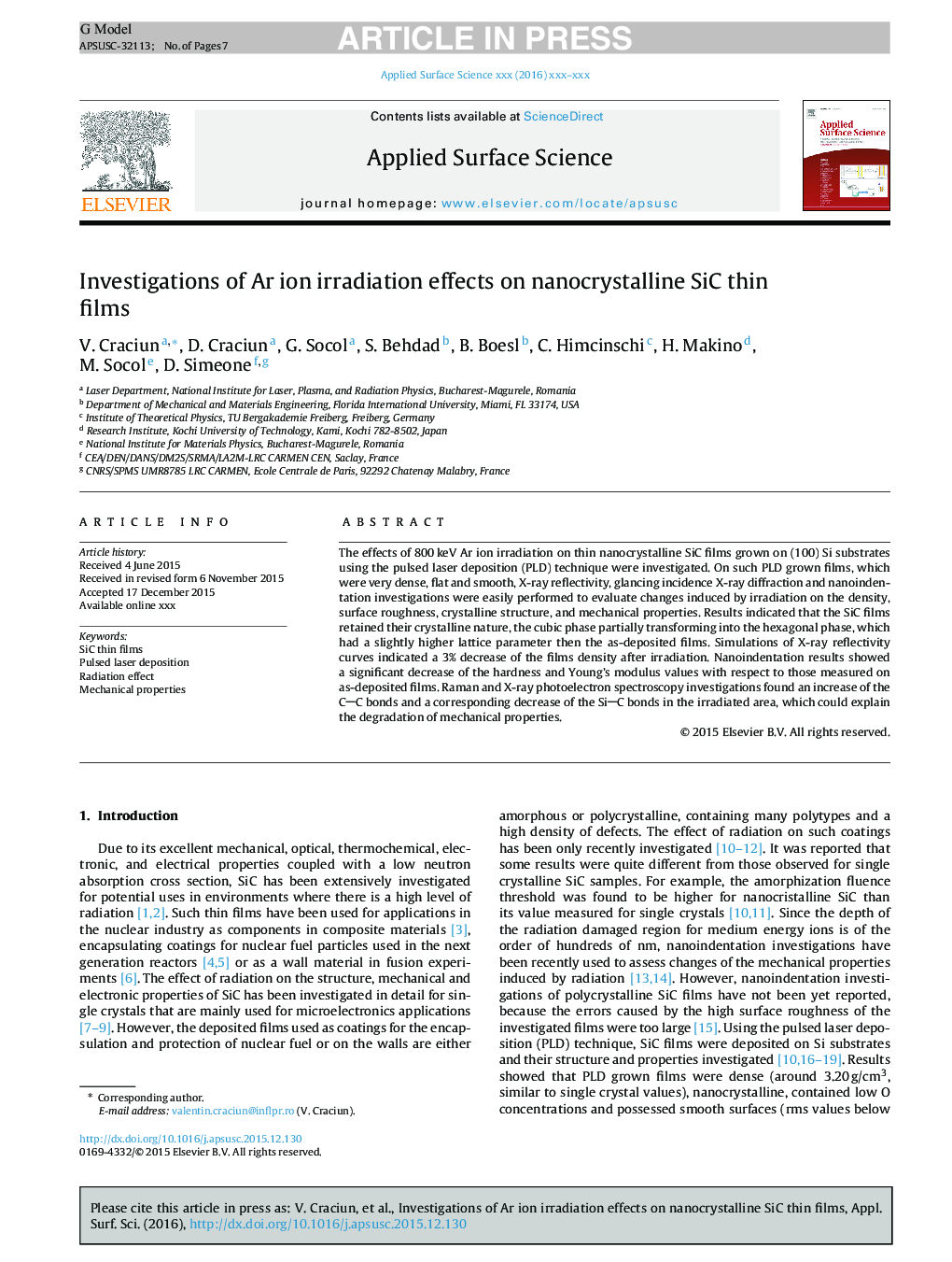 Investigations of Ar ion irradiation effects on nanocrystalline SiC thin films