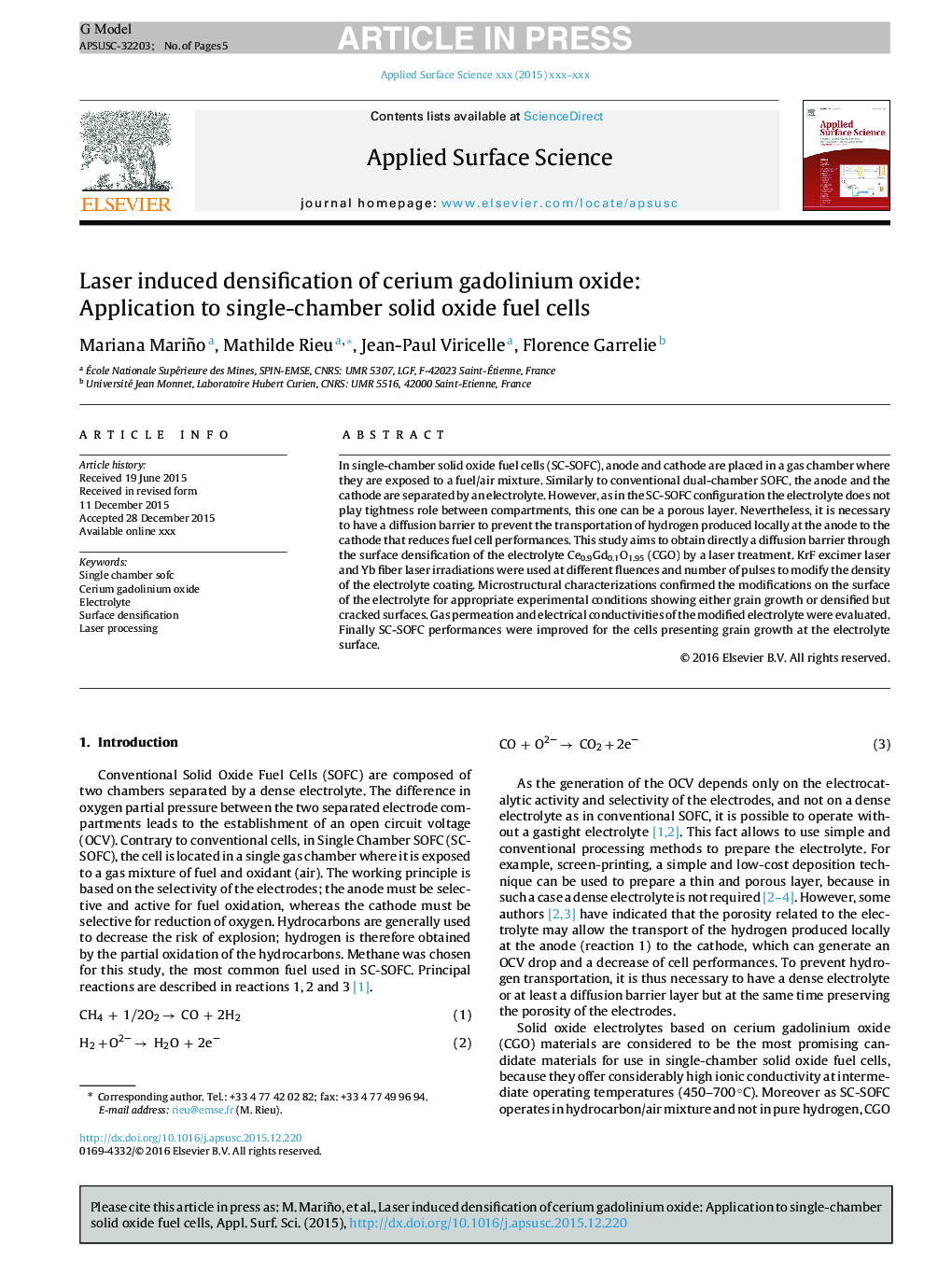 Laser induced densification of cerium gadolinium oxide: Application to single-chamber solid oxide fuel cells