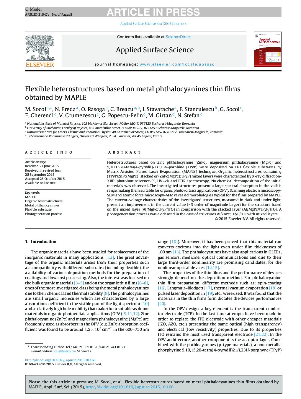 Flexible heterostructures based on metal phthalocyanines thin films obtained by MAPLE