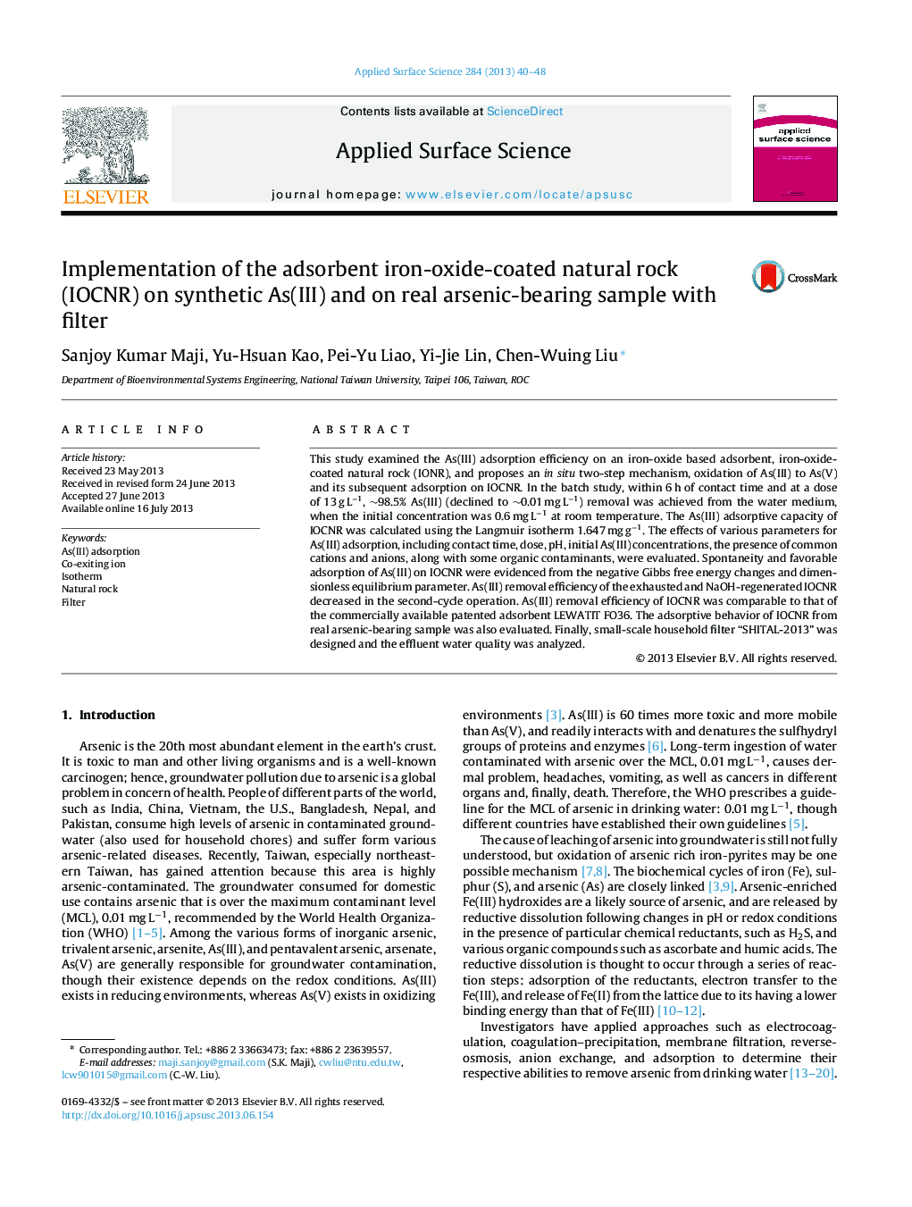 عکس صفحه اول مقاله: Implementation of the adsorbent iron-oxide-coated natural rock (IOCNR) on synthetic As(III) and on real arsenic-bearing sample with filter Implementation of the adsorbent iron-oxide-coated natural rock (IOCNR) on synthetic As(III) and on real arsenic-bearing sample with filter