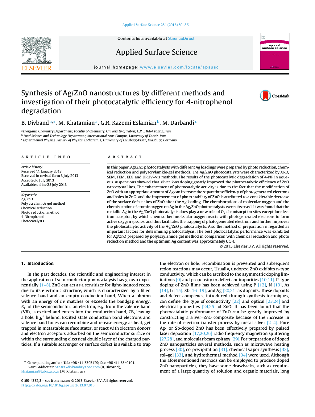 Synthesis of Ag/ZnO nanostructures by different methods and investigation of their photocatalytic efficiency for 4-nitrophenol degradation