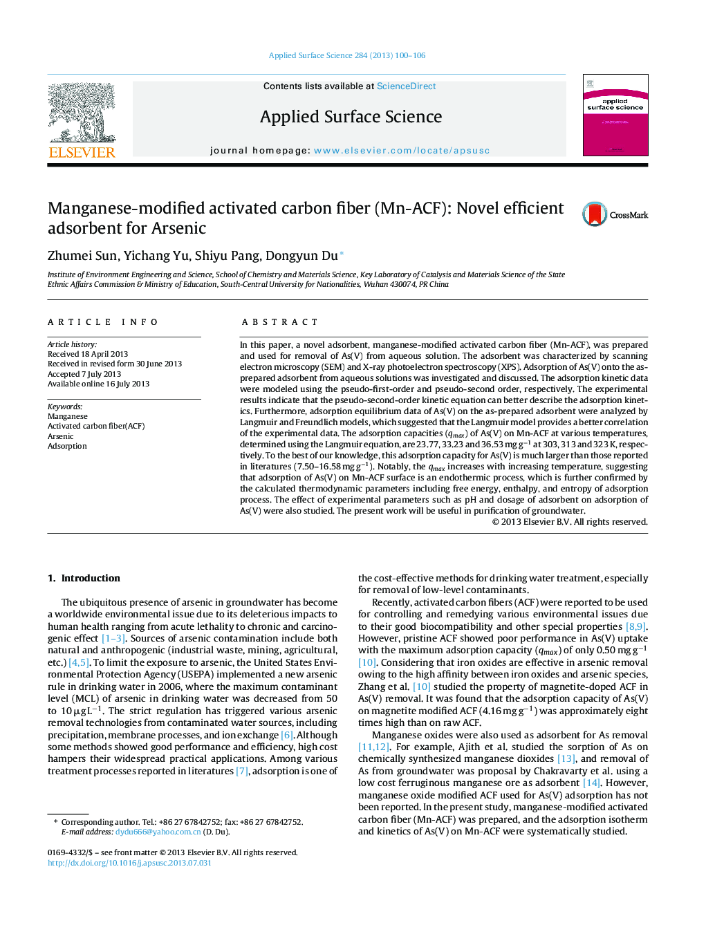 عکس صفحه اول مقاله: Manganese-modified activated carbon fiber (Mn-ACF): Novel efficient adsorbent for Arsenic Manganese-modified activated carbon fiber (Mn-ACF): Novel efficient adsorbent for Arsenic