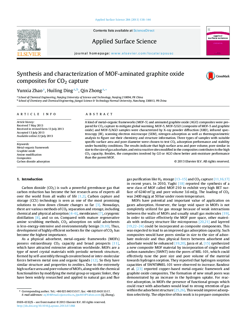 Synthesis and characterization of MOF-aminated graphite oxide composites for CO2 capture