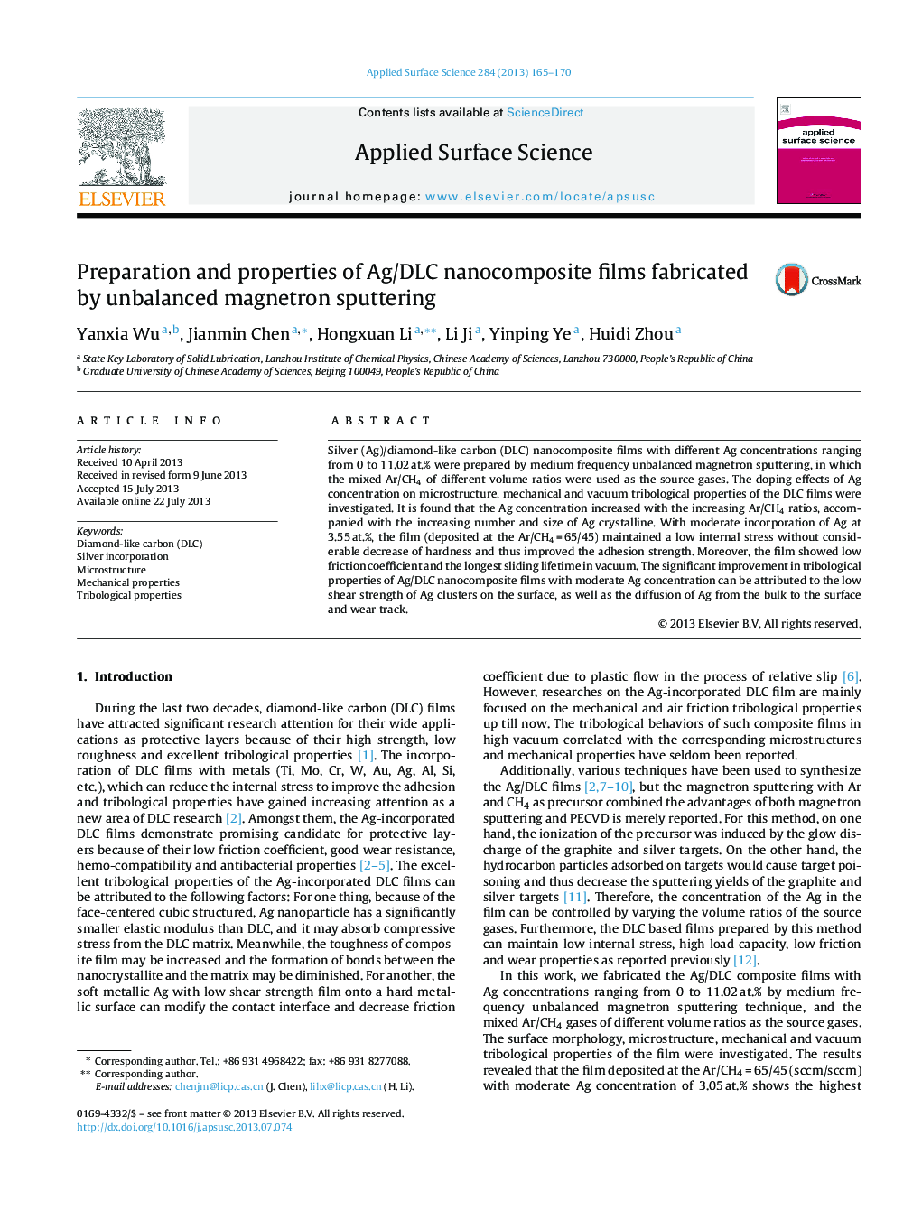 Preparation and properties of Ag/DLC nanocomposite films fabricated by unbalanced magnetron sputtering