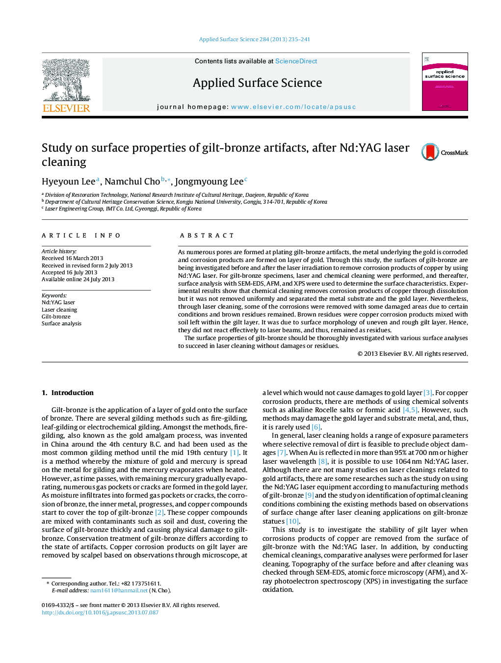 Study on surface properties of gilt-bronze artifacts, after Nd:YAG laser cleaning