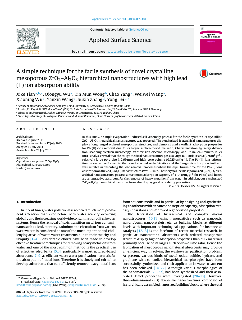 A simple technique for the facile synthesis of novel crystalline mesoporous ZrO2-Al2O3 hierarchical nanostructures with high lead (II) ion absorption ability