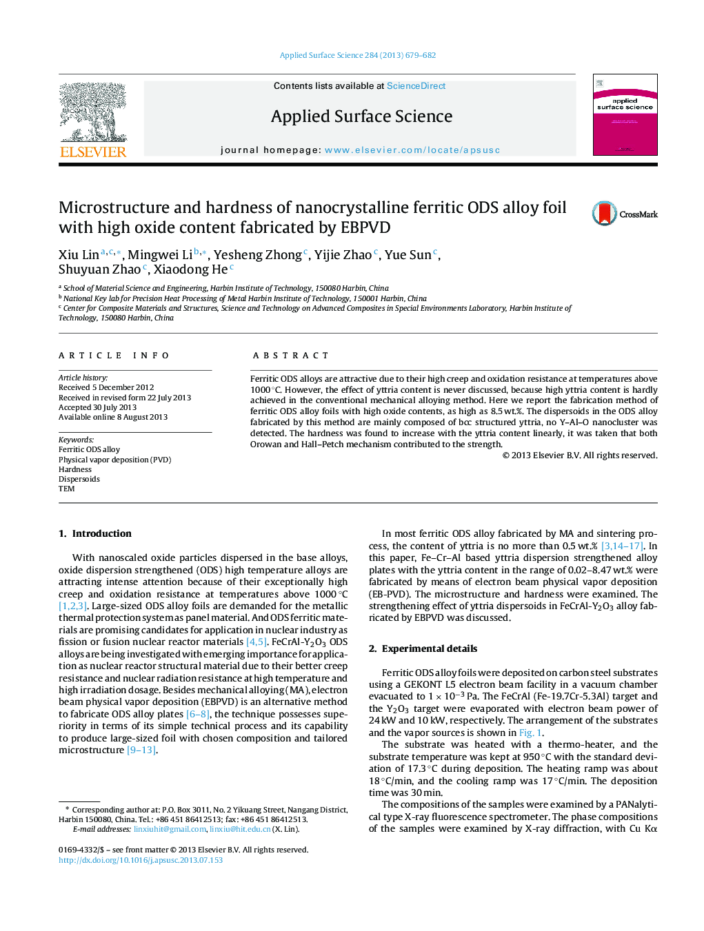 عکس صفحه اول مقاله: Microstructure and hardness of nanocrystalline ferritic ODS alloy foil with high oxide content fabricated by EBPVD Microstructure and hardness of nanocrystalline ferritic ODS alloy foil with high oxide content fabricated by EBPVD