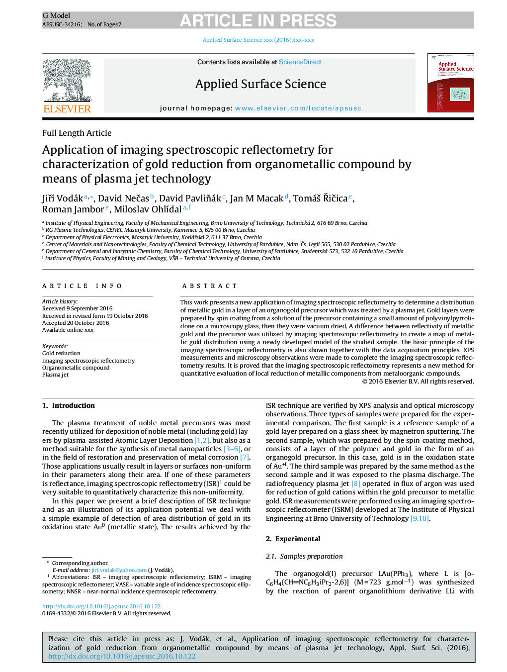 Application of imaging spectroscopic reflectometry for characterization of gold reduction from organometallic compound by means of plasma jet technology