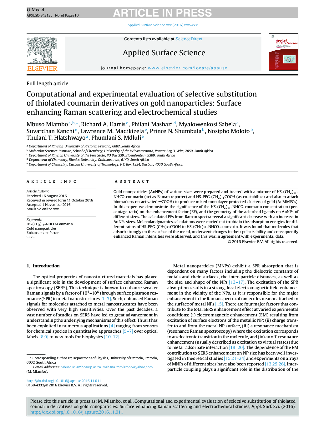 Computational and experimental evaluation of selective substitution of thiolated coumarin derivatives on gold nanoparticles: Surface enhancing Raman scattering and electrochemical studies