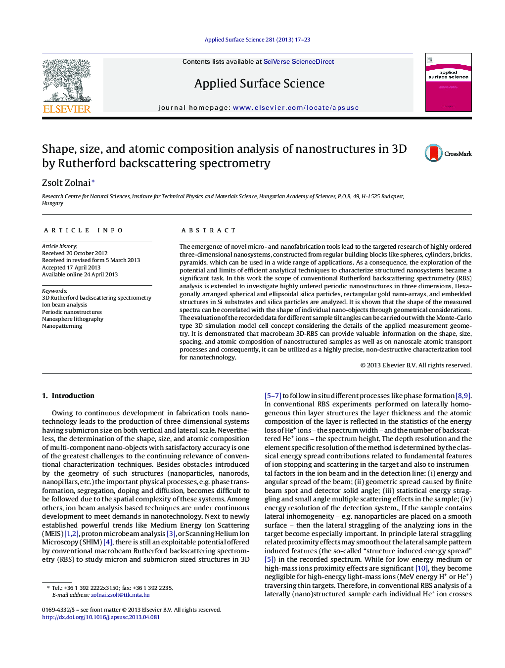 Shape, size, and atomic composition analysis of nanostructures in 3D by Rutherford backscattering spectrometry