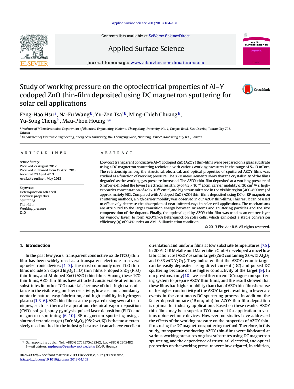 Study of working pressure on the optoelectrical properties of Al-Y codoped ZnO thin-film deposited using DC magnetron sputtering for solar cell applications