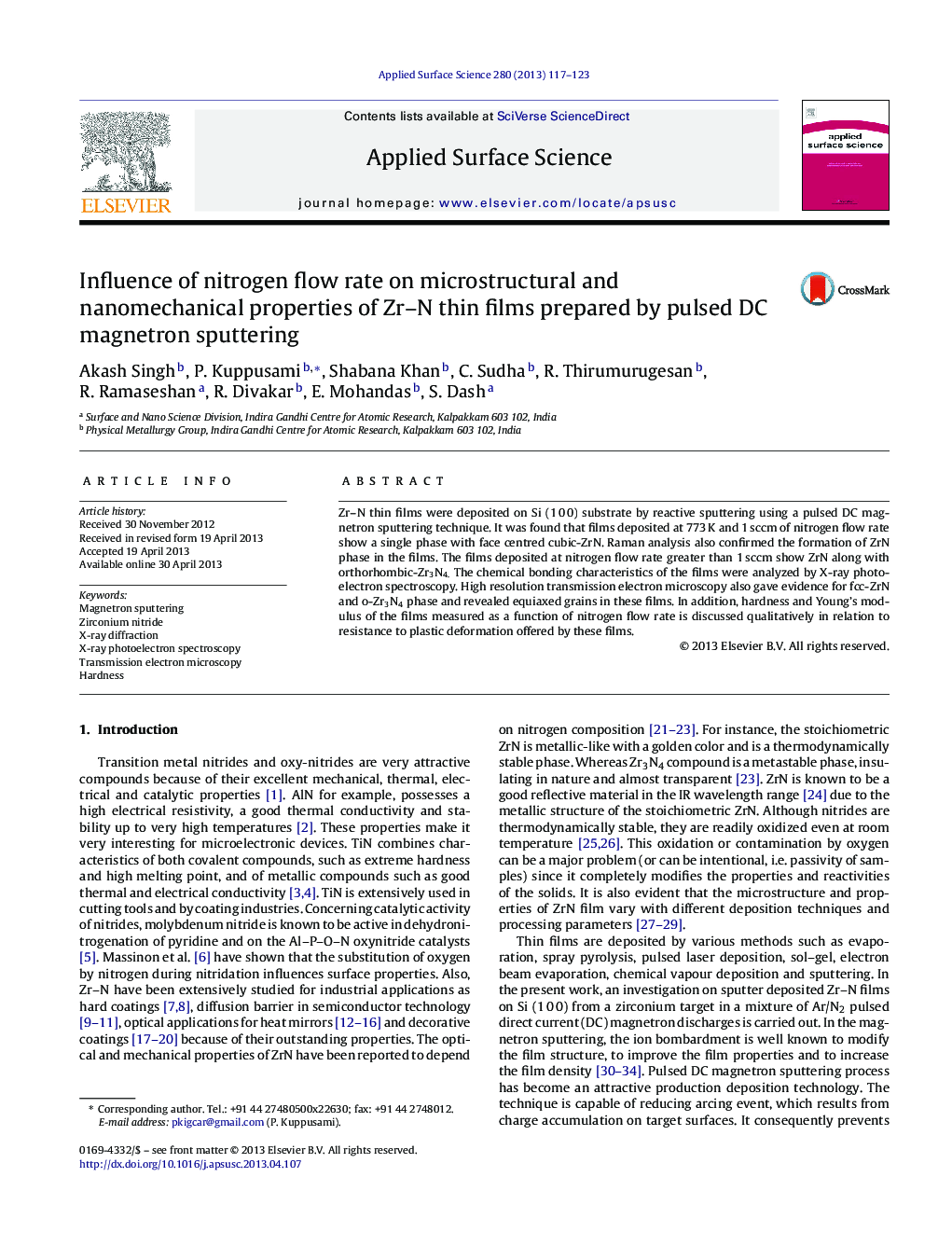 عکس صفحه اول مقاله: Influence of nitrogen flow rate on microstructural and nanomechanical properties of Zr-N thin films prepared by pulsed DC magnetron sputtering Influence of nitrogen flow rate on microstructural and nanomechanical properties of Zr-N thin films prepared by pulsed DC magnetron sputtering