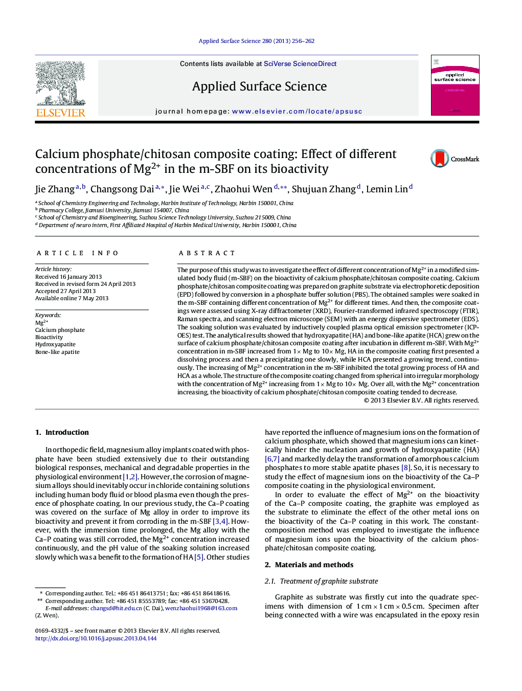 Calcium phosphate/chitosan composite coating: Effect of different concentrations of Mg2+ in the m-SBF on its bioactivity