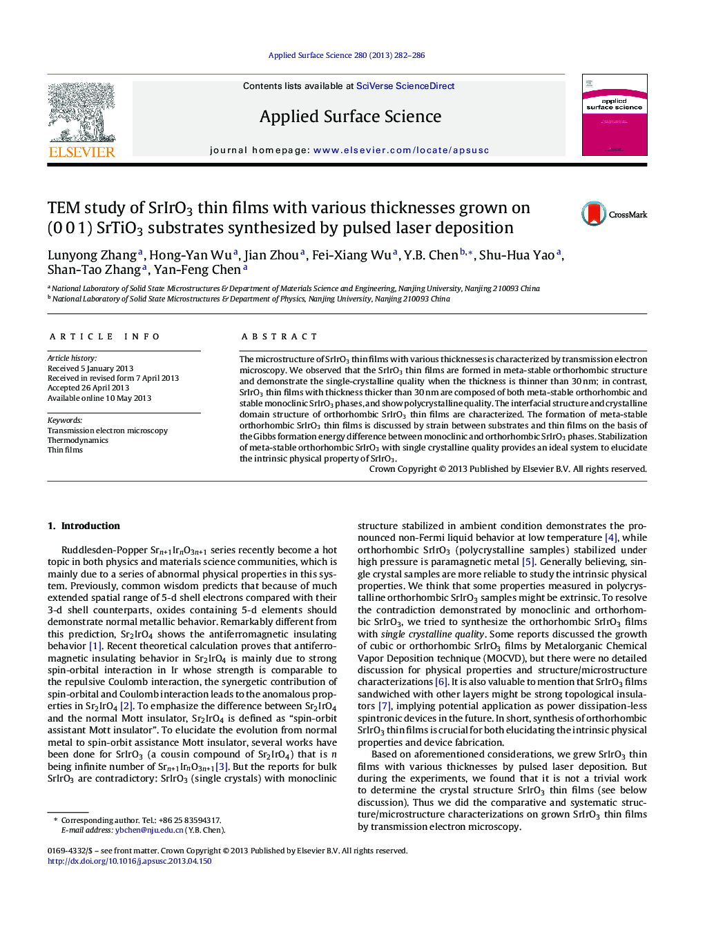 عکس صفحه اول مقاله: TEM study of SrIrO3 thin films with various thicknesses grown on (0Â 0Â 1) SrTiO3 substrates synthesized by pulsed laser deposition TEM study of SrIrO3 thin films with various thicknesses grown on (0Â 0Â 1) SrTiO3 substrates synthesized by pulsed laser deposition
