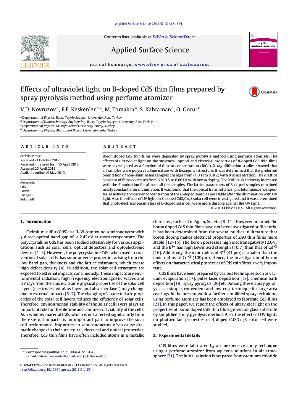 Effects of ultraviolet light on B-doped CdS thin films prepared by spray pyrolysis method using perfume atomizer