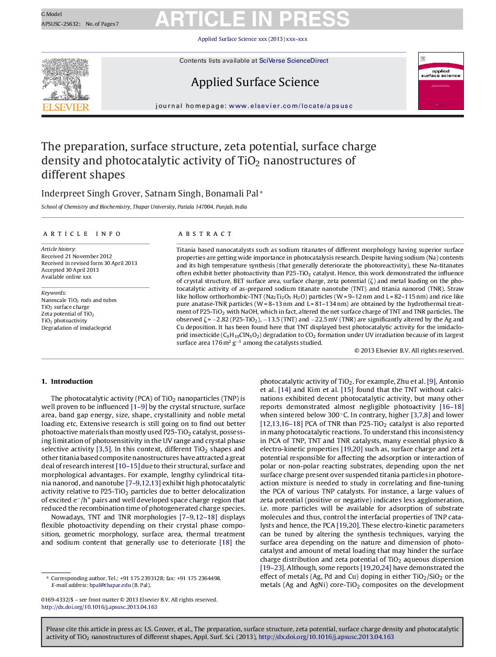 عکس صفحه اول مقاله: The preparation, surface structure, zeta potential, surface charge density and photocatalytic activity of TiO2 nanostructures of different shapes The preparation, surface structure, zeta potential, surface charge density and photocatalytic activity of TiO2 nanostructures of different shapes