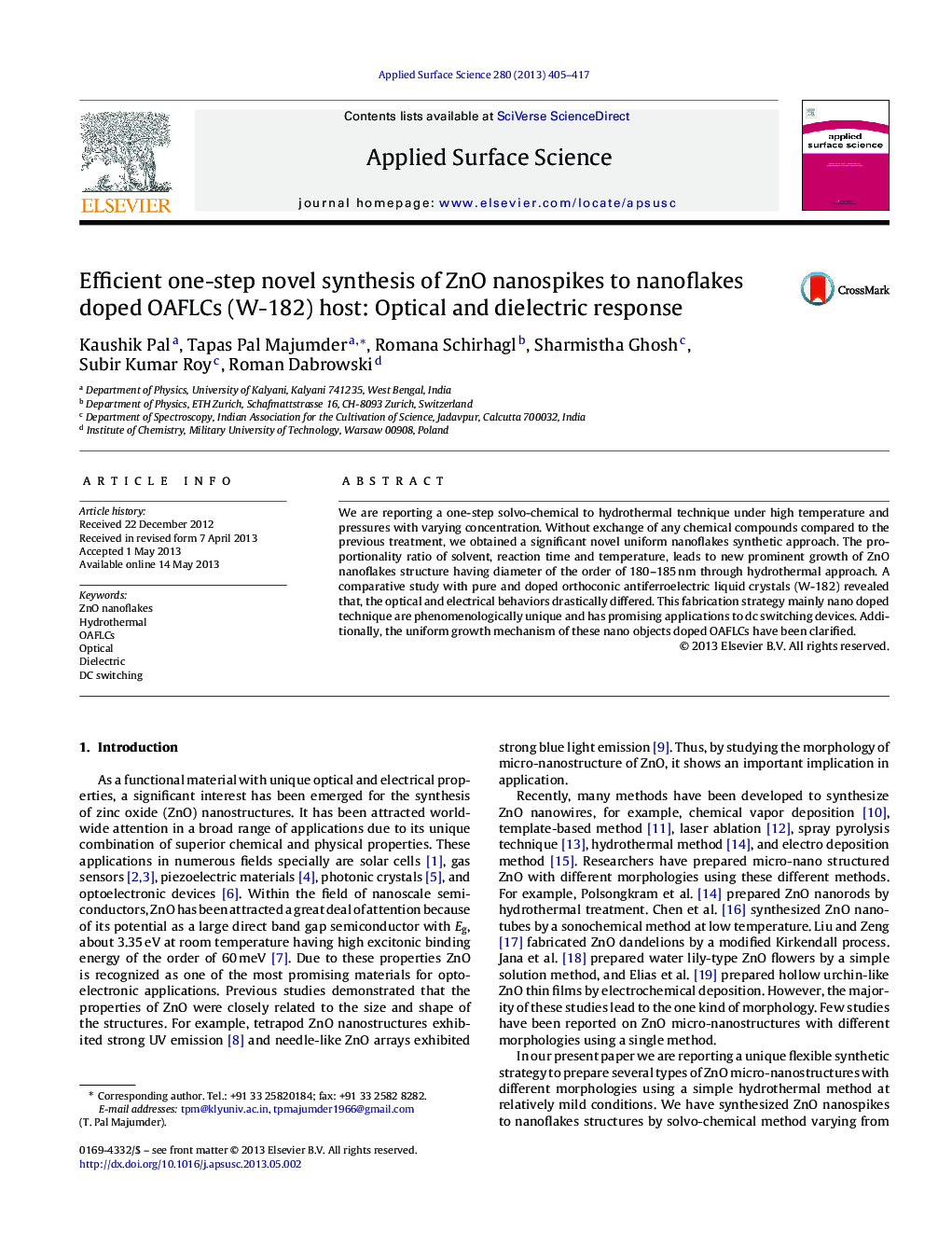 عکس صفحه اول مقاله: Efficient one-step novel synthesis of ZnO nanospikes to nanoflakes doped OAFLCs (W-182) host: Optical and dielectric response Efficient one-step novel synthesis of ZnO nanospikes to nanoflakes doped OAFLCs (W-182) host: Optical and dielectric response