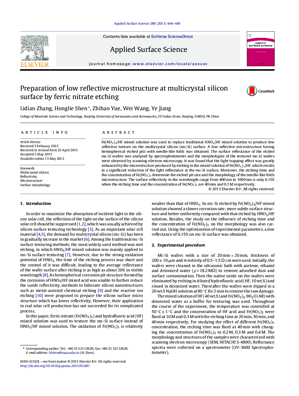 Preparation of low reflective microstructure at multicrystal silicon surface by ferric nitrate etching