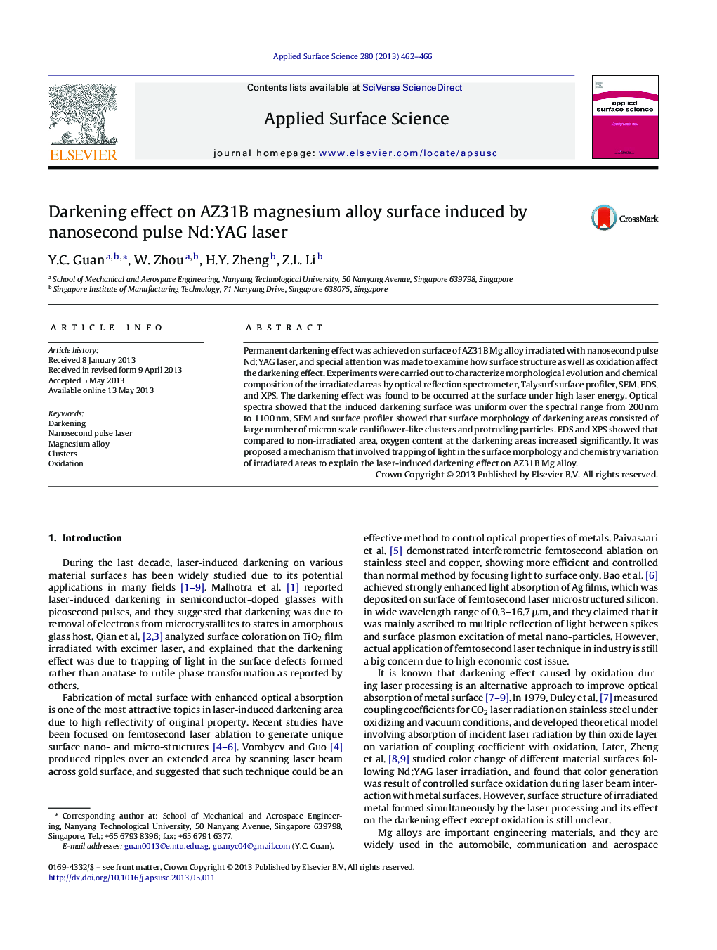 Darkening effect on AZ31B magnesium alloy surface induced by nanosecond pulse Nd:YAG laser