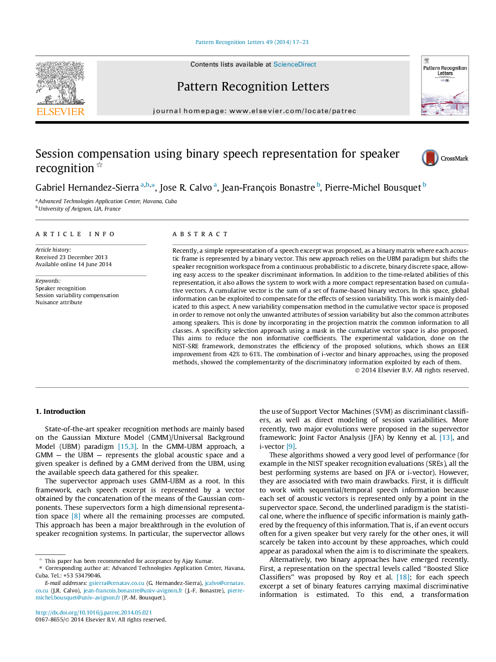 Session compensation using binary speech representation for speaker recognition 