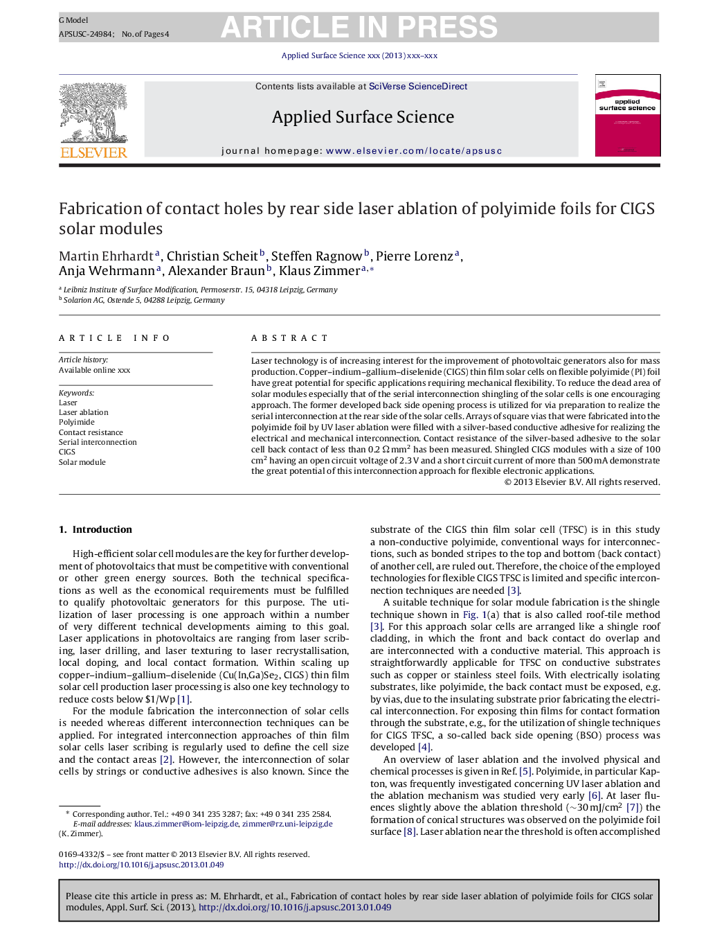 عکس صفحه اول مقاله: Fabrication of contact holes by rear side laser ablation of polyimide foils for CIGS solar modules Fabrication of contact holes by rear side laser ablation of polyimide foils for CIGS solar modules