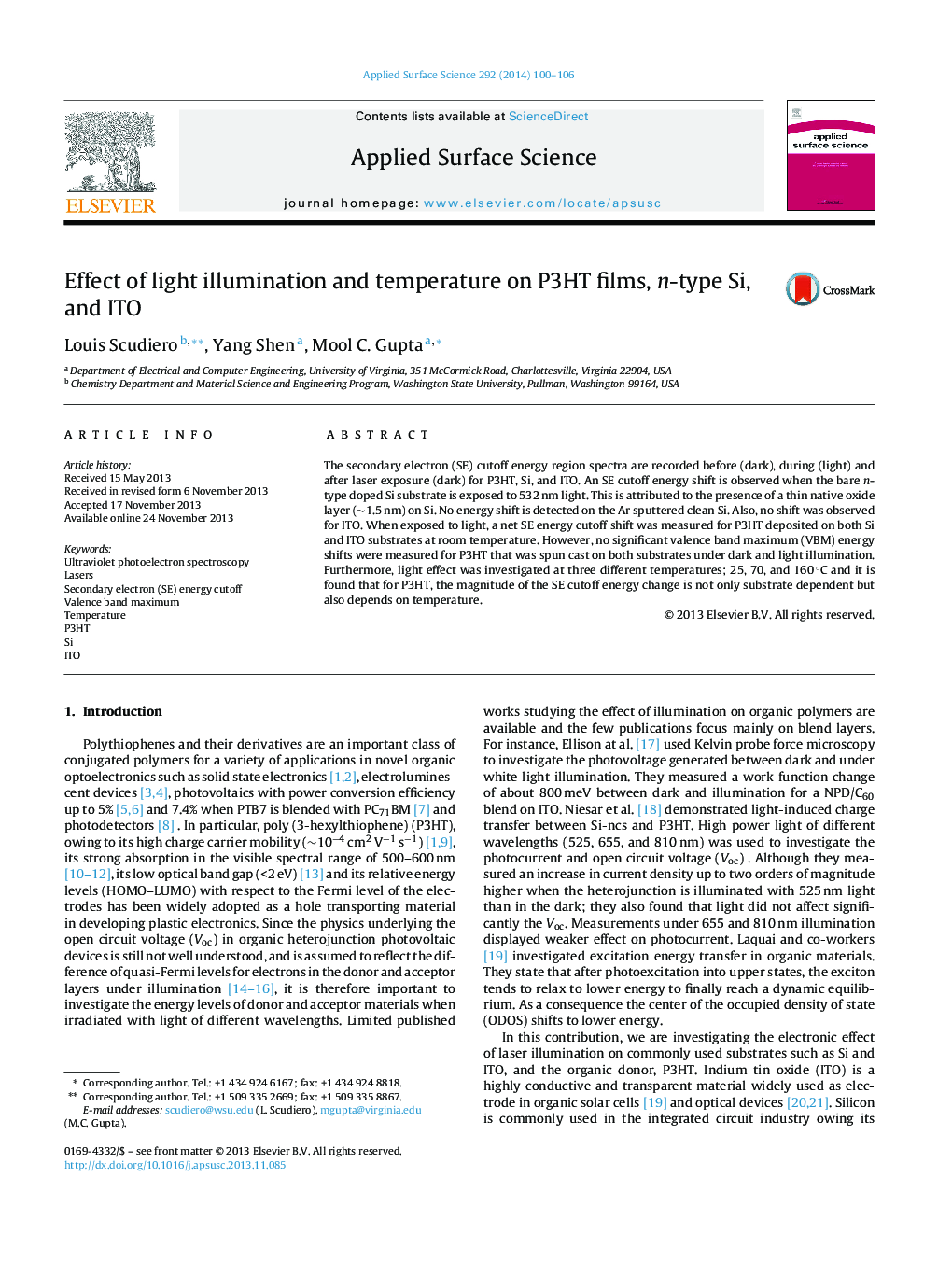 Effect of light illumination and temperature on P3HT films, n-type Si, and ITO