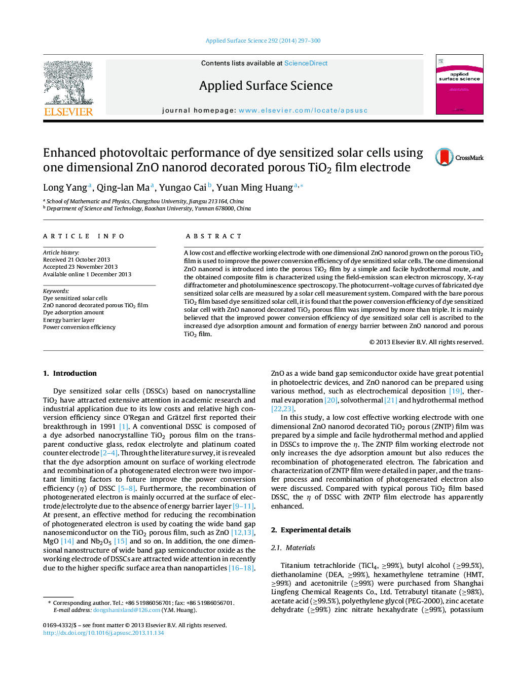 عکس صفحه اول مقاله: Enhanced photovoltaic performance of dye sensitized solar cells using one dimensional ZnO nanorod decorated porous TiO2 film electrode Enhanced photovoltaic performance of dye sensitized solar cells using one dimensional ZnO nanorod decorated porous TiO2 film electrode