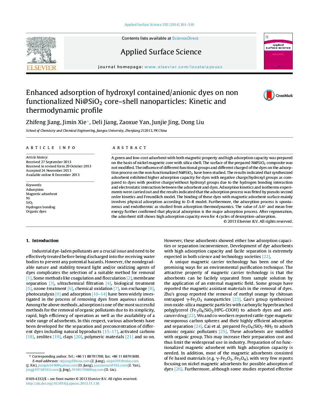 Enhanced adsorption of hydroxyl contained/anionic dyes on non functionalized Ni@SiO2 core-shell nanoparticles: Kinetic and thermodynamic profile