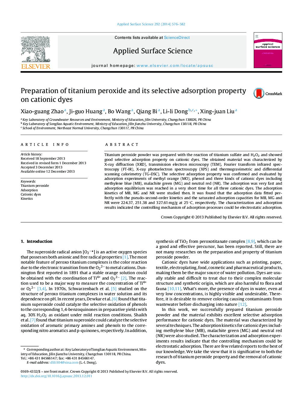 Preparation of titanium peroxide and its selective adsorption property on cationic dyes