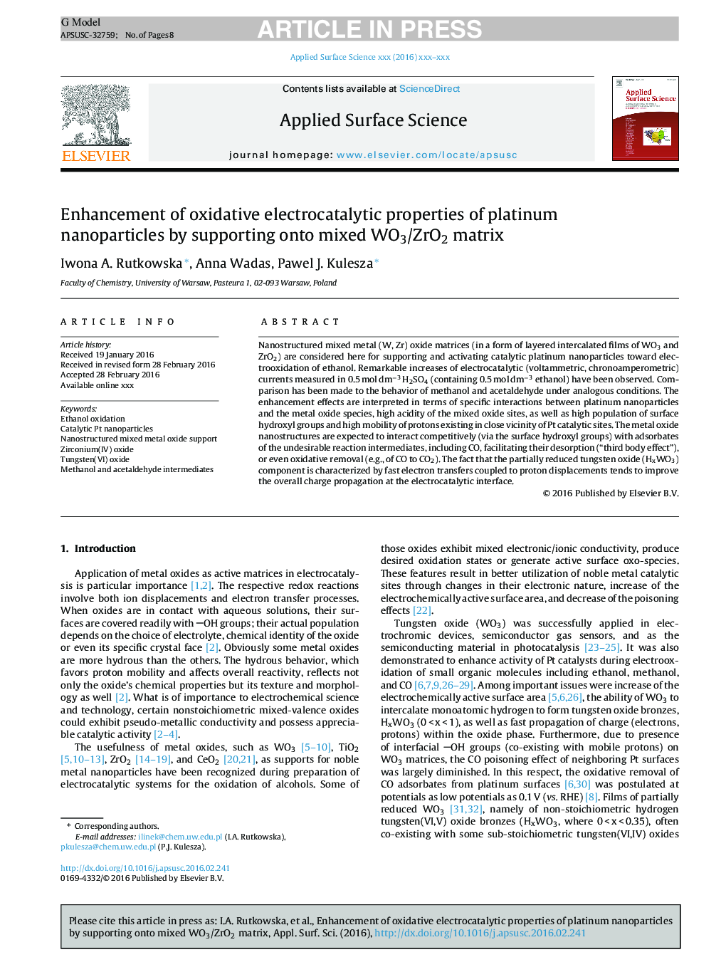 Enhancement of oxidative electrocatalytic properties of platinum nanoparticles by supporting onto mixed WO3/ZrO2 matrix