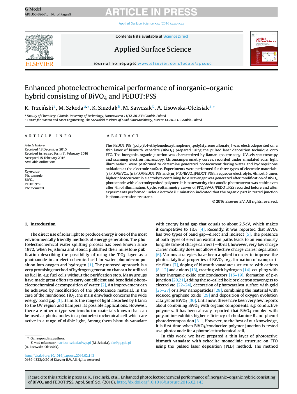 Enhanced photoelectrochemical performance of inorganic-organic hybrid consisting of BiVO4 and PEDOT:PSS