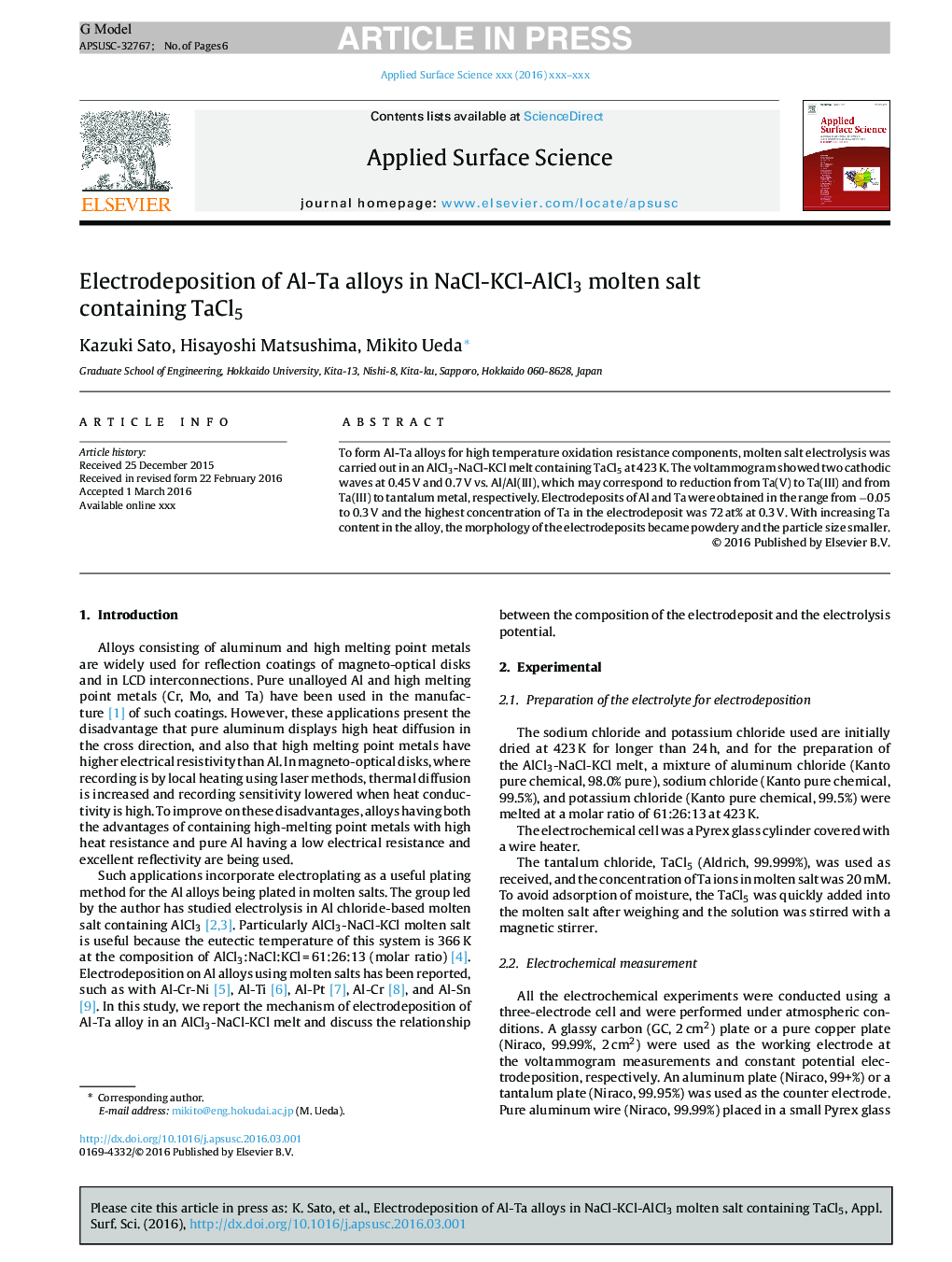 Electrodeposition of Al-Ta alloys in NaCl-KCl-AlCl3 molten salt containing TaCl5