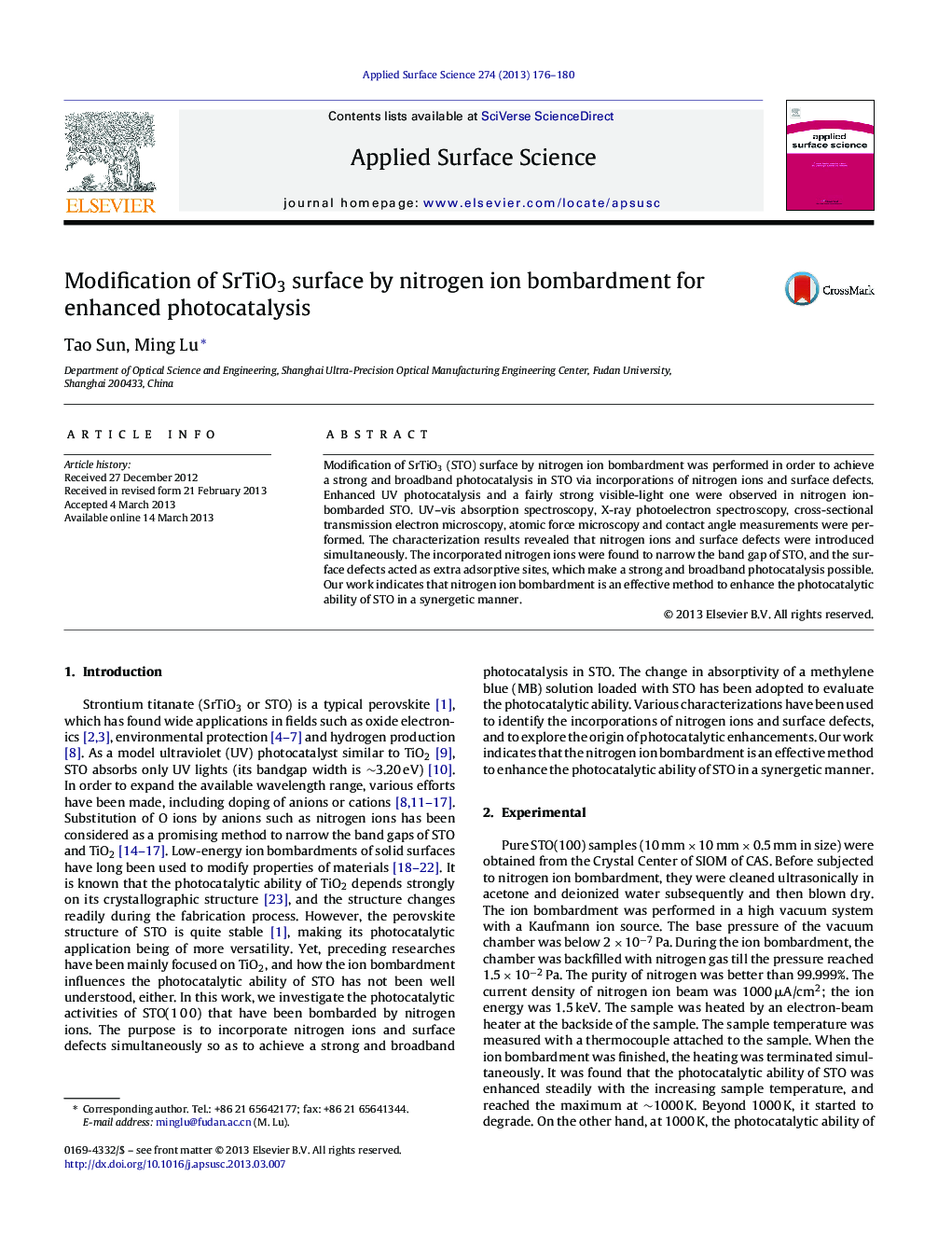 Modification of SrTiO3 surface by nitrogen ion bombardment for enhanced photocatalysis