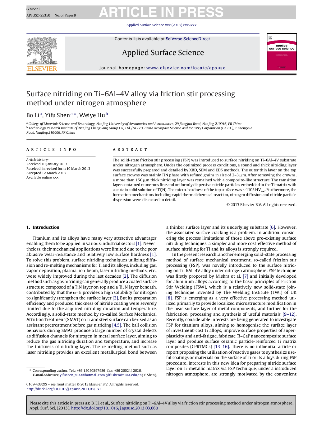 عکس صفحه اول مقاله: Surface nitriding on Ti-6Al-4V alloy via friction stir processing method under nitrogen atmosphere Surface nitriding on Ti-6Al-4V alloy via friction stir processing method under nitrogen atmosphere