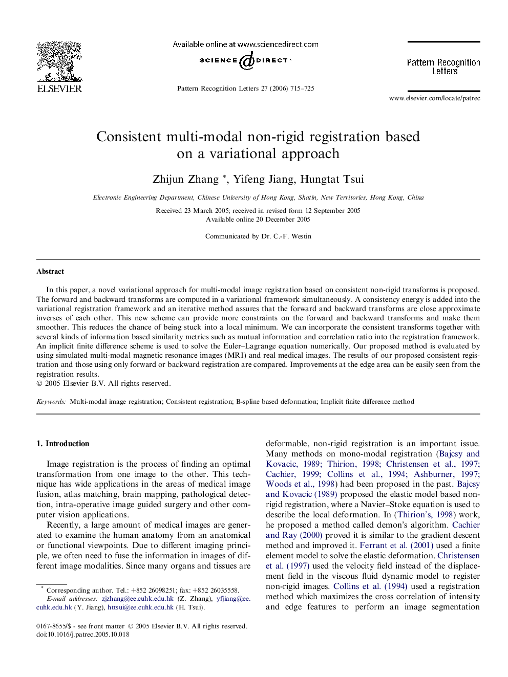 Consistent multi-modal non-rigid registration based on a variational approach