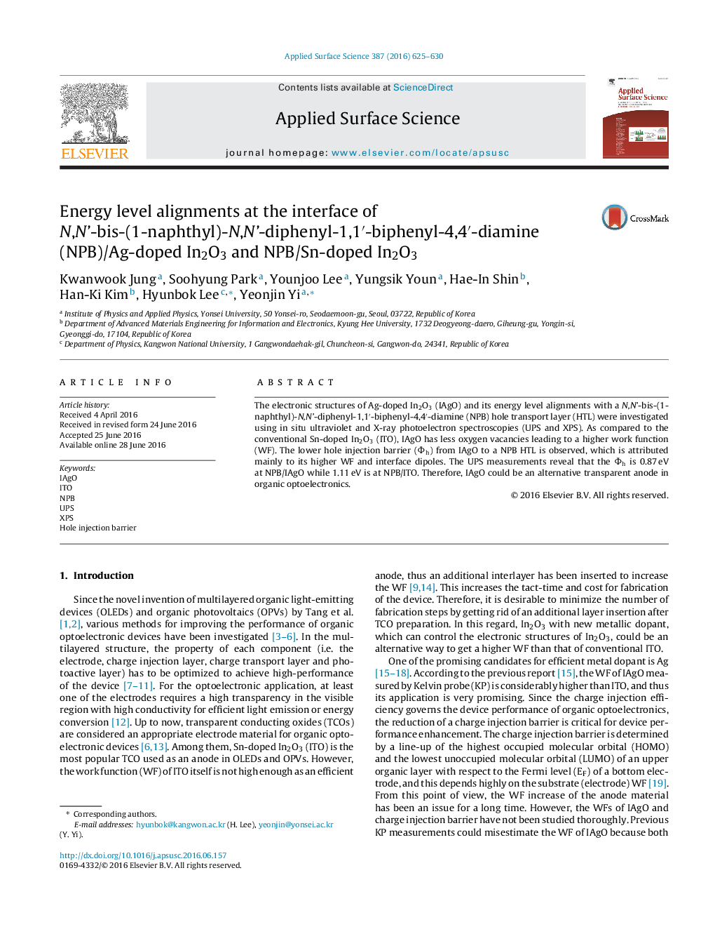 Energy level alignments at the interface of N,N'-bis-(1-naphthyl)-N,N'-diphenyl-1,1â²-biphenyl-4,4â²-diamine (NPB)/Ag-doped In2O3 and NPB/Sn-doped In2O3