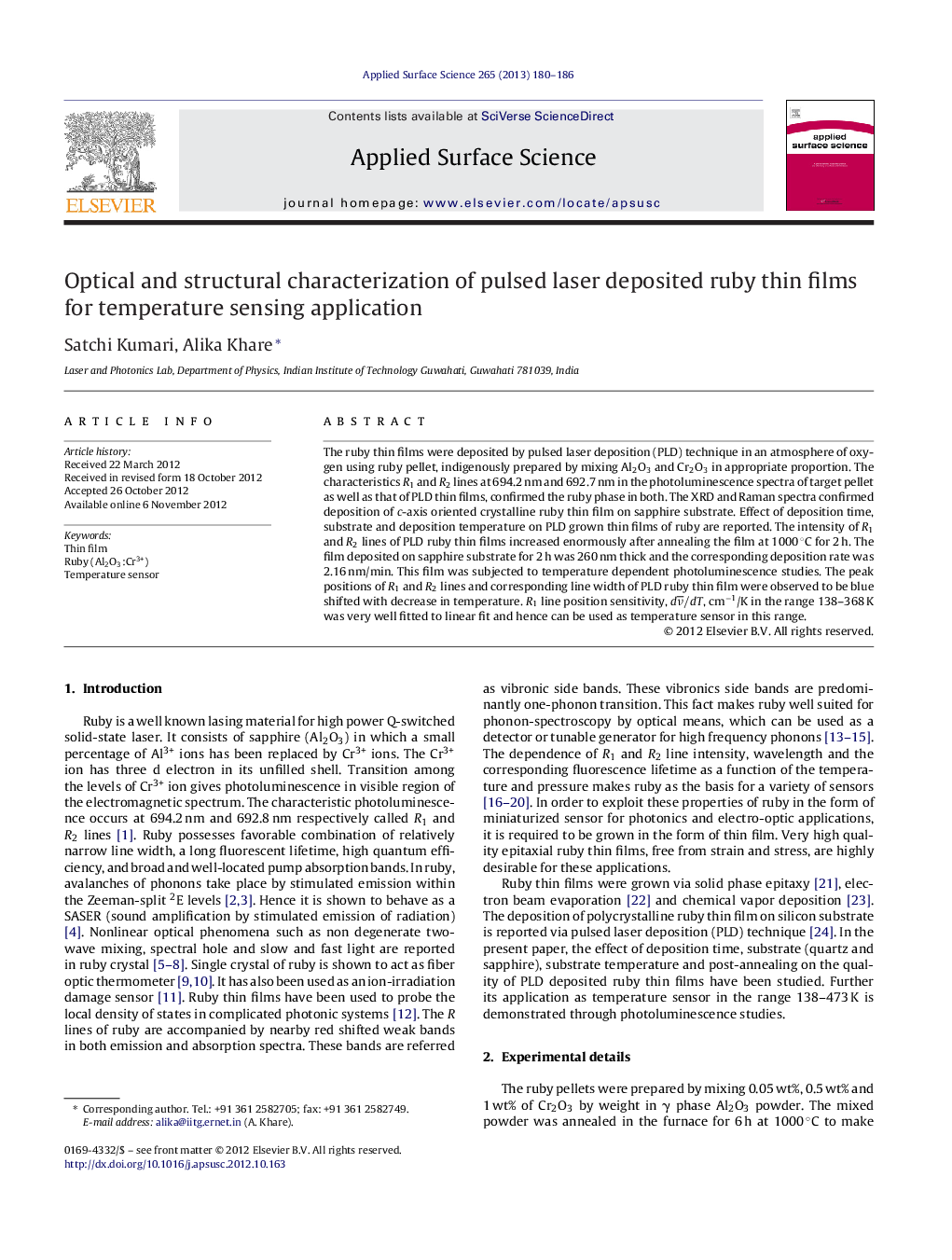 Optical and structural characterization of pulsed laser deposited ruby thin films for temperature sensing application