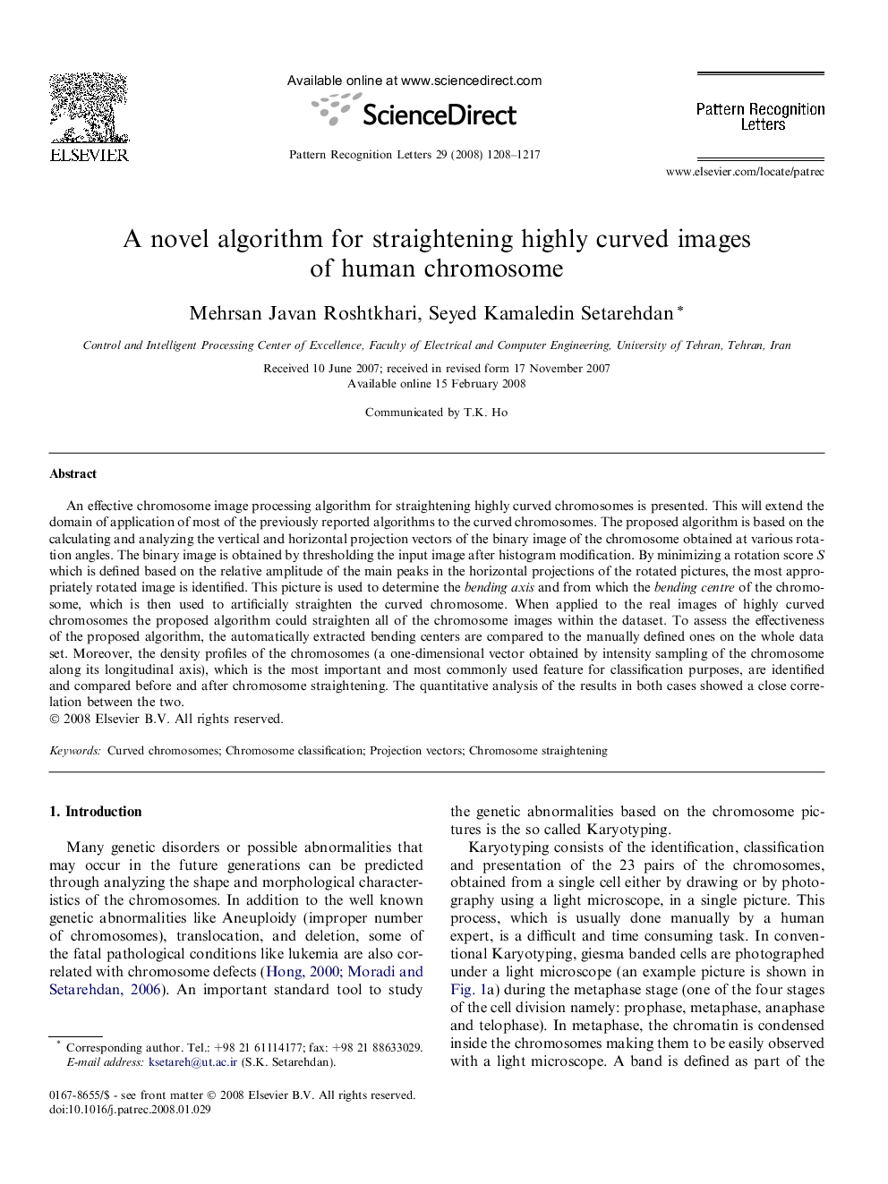 A novel algorithm for straightening highly curved images of human chromosome