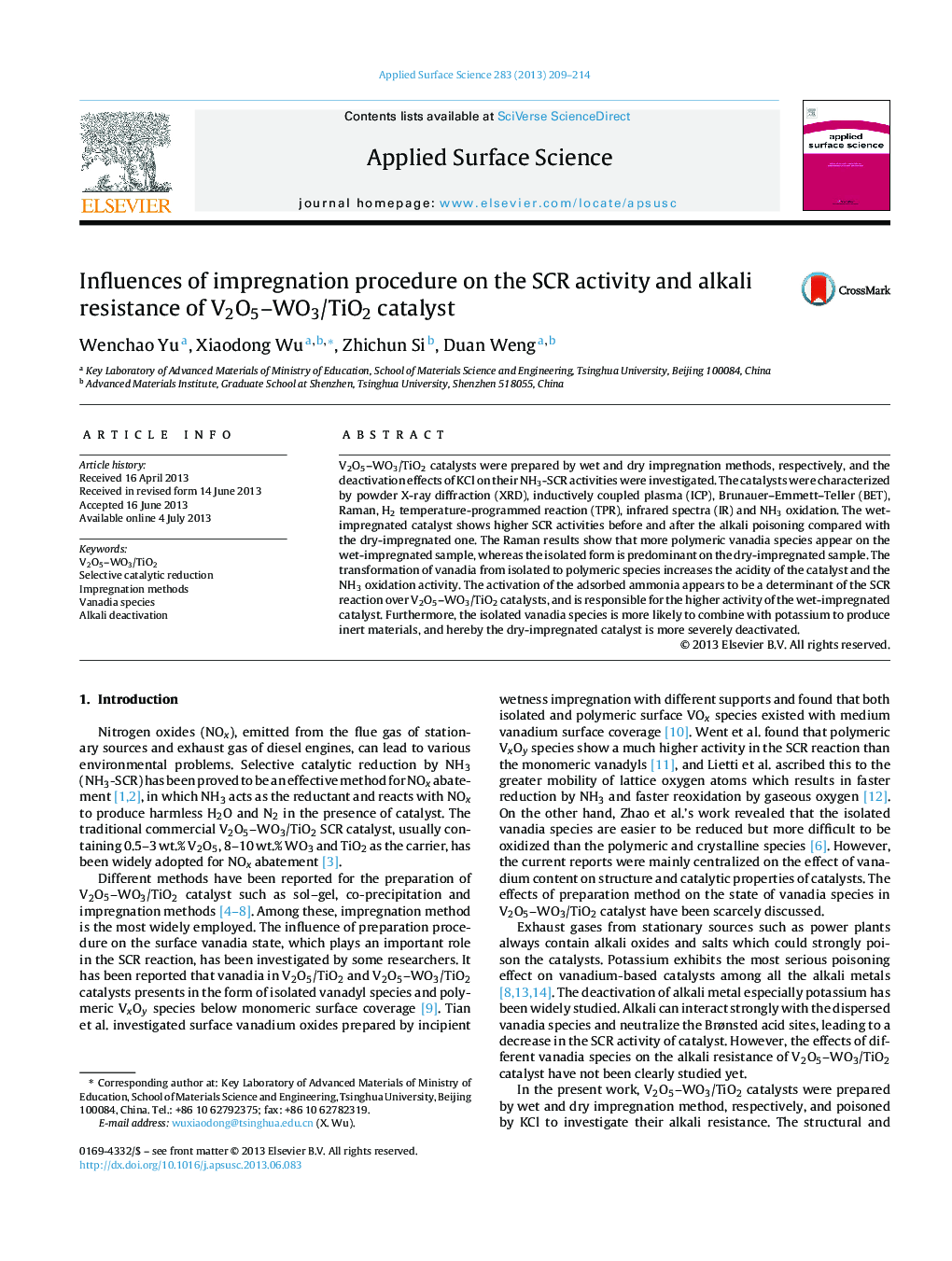 عکس صفحه اول مقاله: Influences of impregnation procedure on the SCR activity and alkali resistance of V2O5-WO3/TiO2 catalyst Influences of impregnation procedure on the SCR activity and alkali resistance of V2O5-WO3/TiO2 catalyst